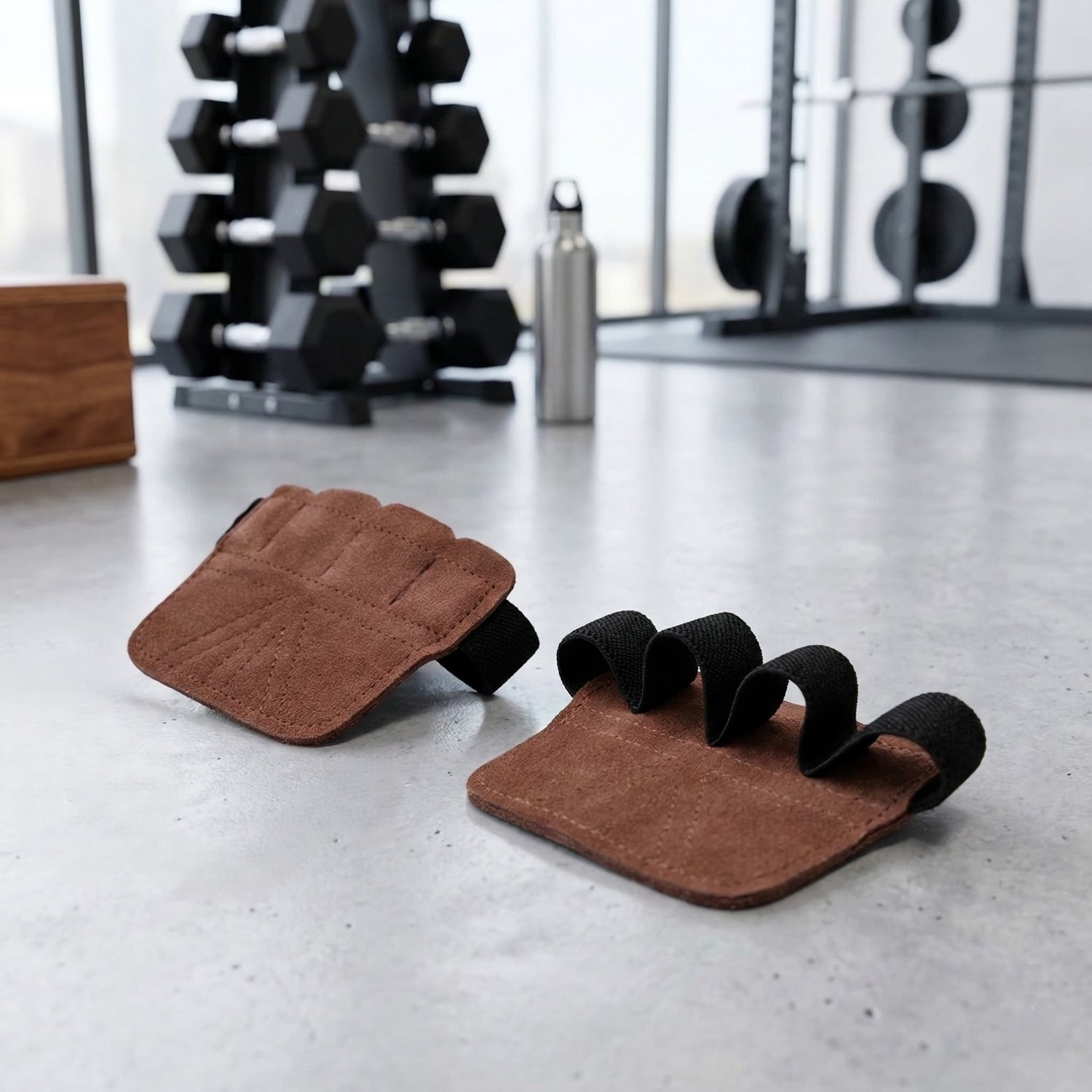 Brown suede leather RAWGRIP grip pads for Training and Fitness, resting on a concrete gym floor next to a dumbbell rack.